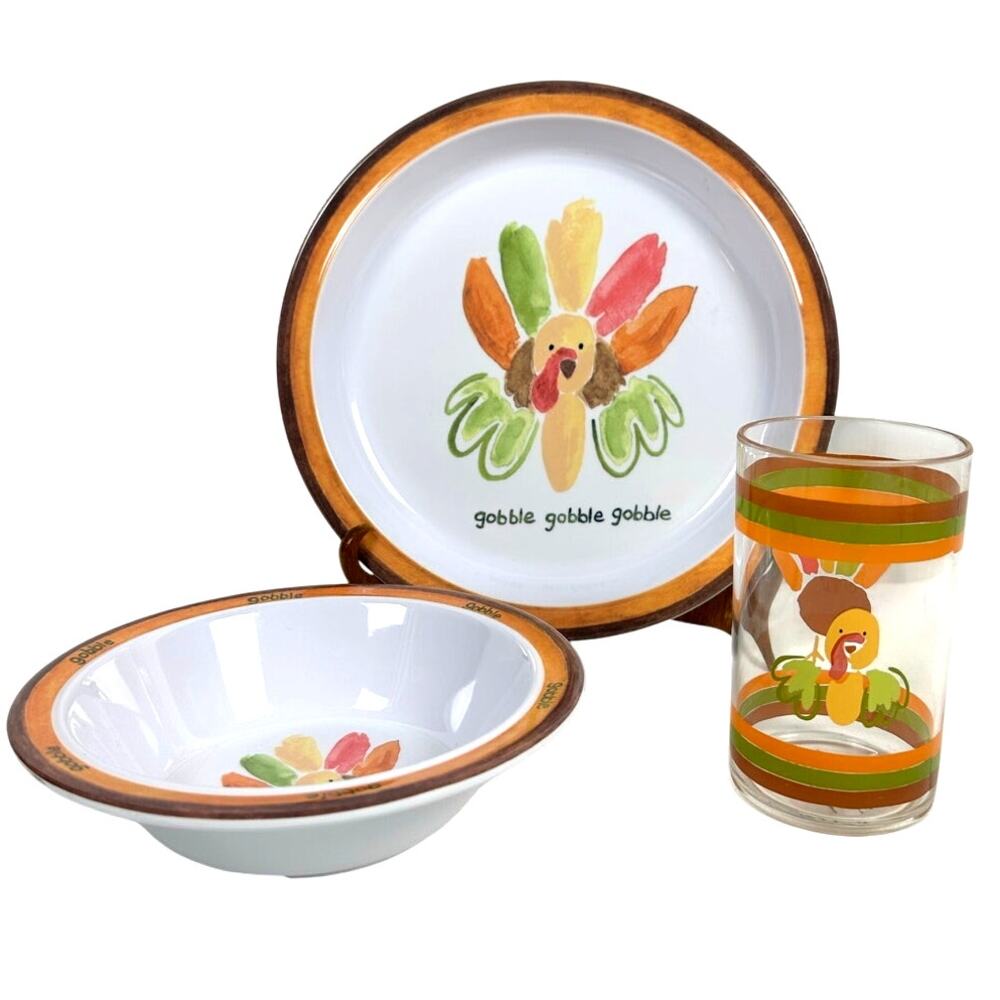 Pottery Barn Kids "Gobble Gobble Gobble" 3-PC Place Setting-Plate/Glass/Bowl!